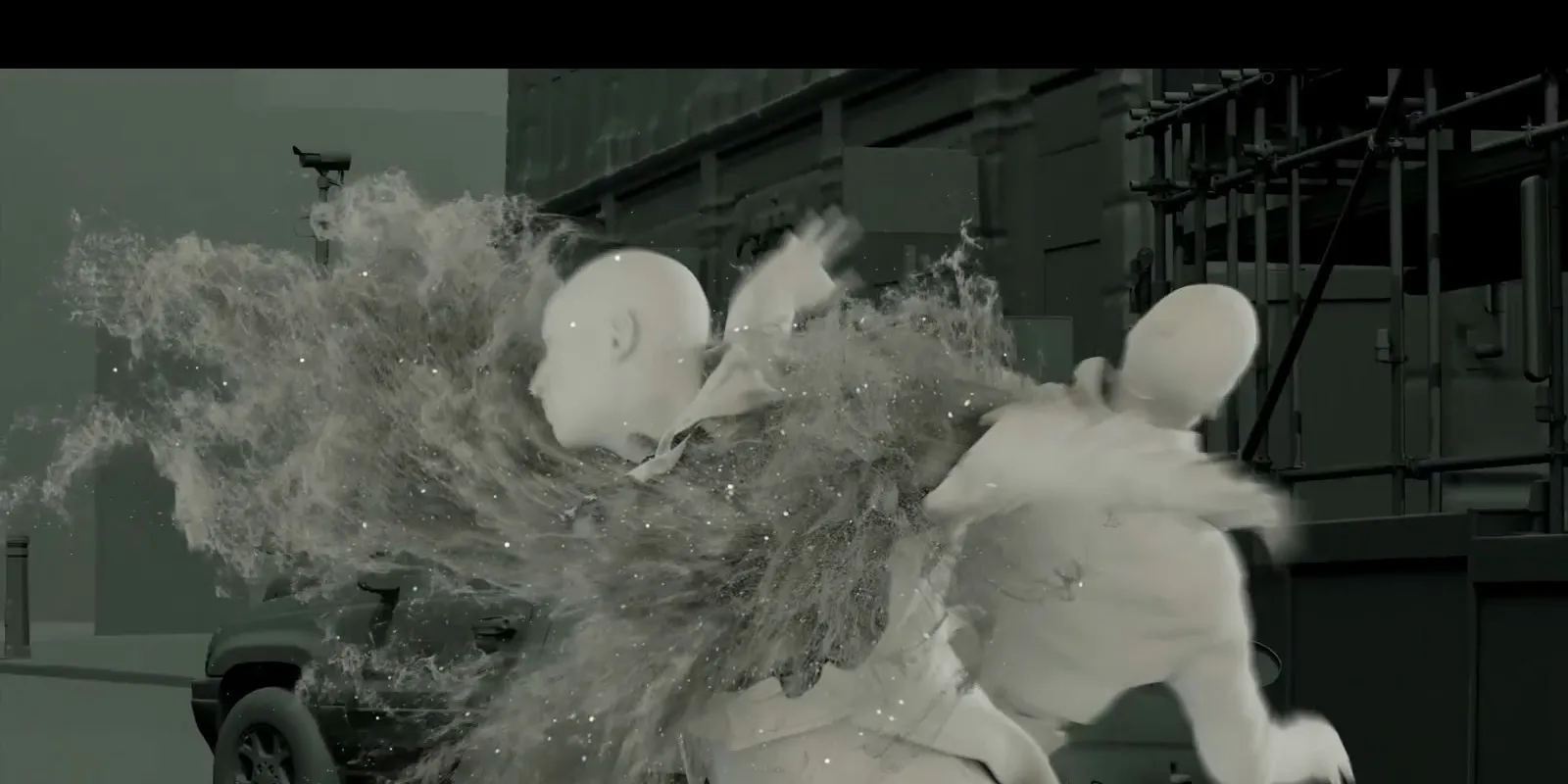 Grey CG render of the twins and their particle simulation over the street.