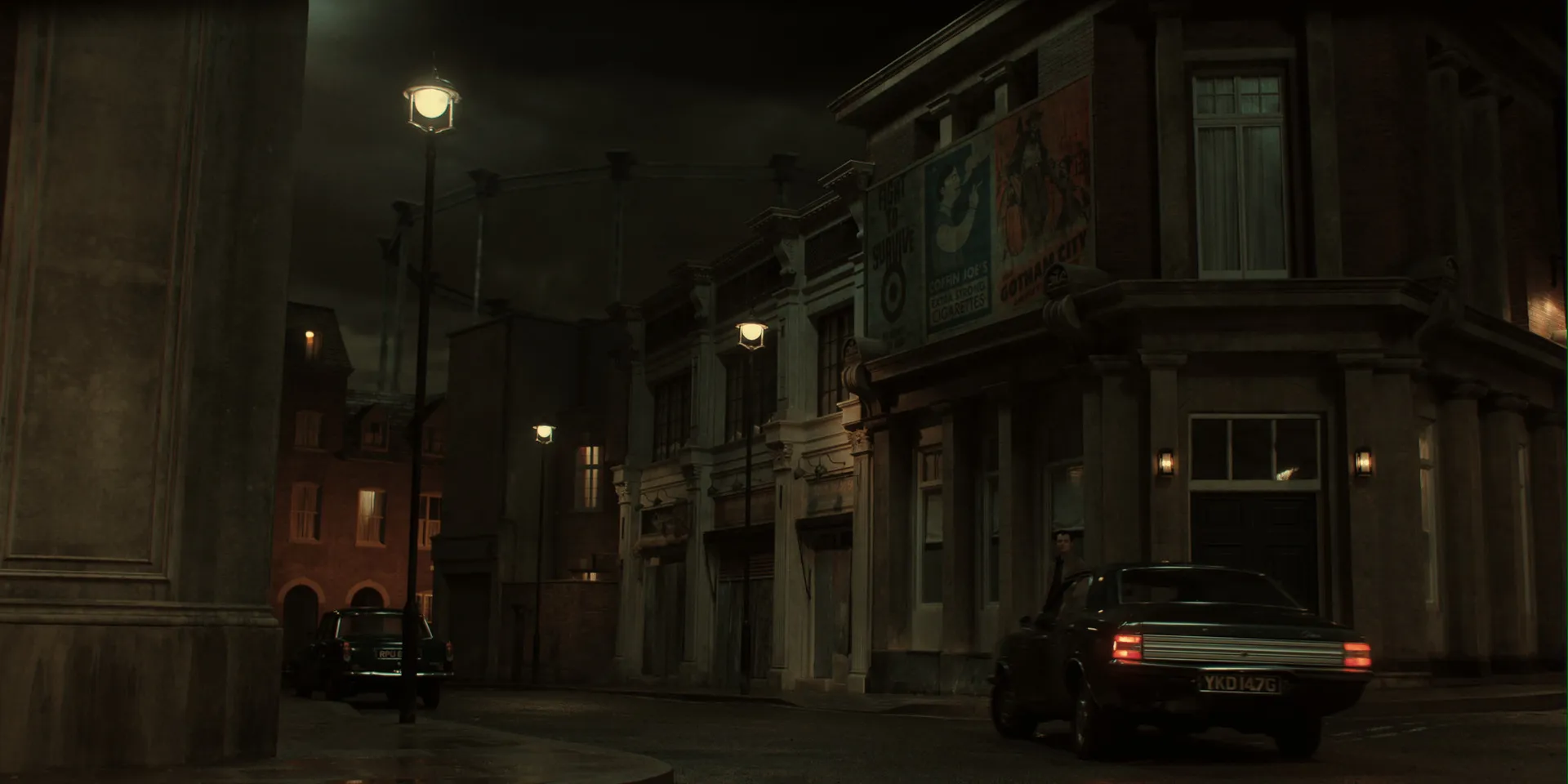 Final shot: a 1960s London street with a gasholder skyline, cloud and wartime posters.