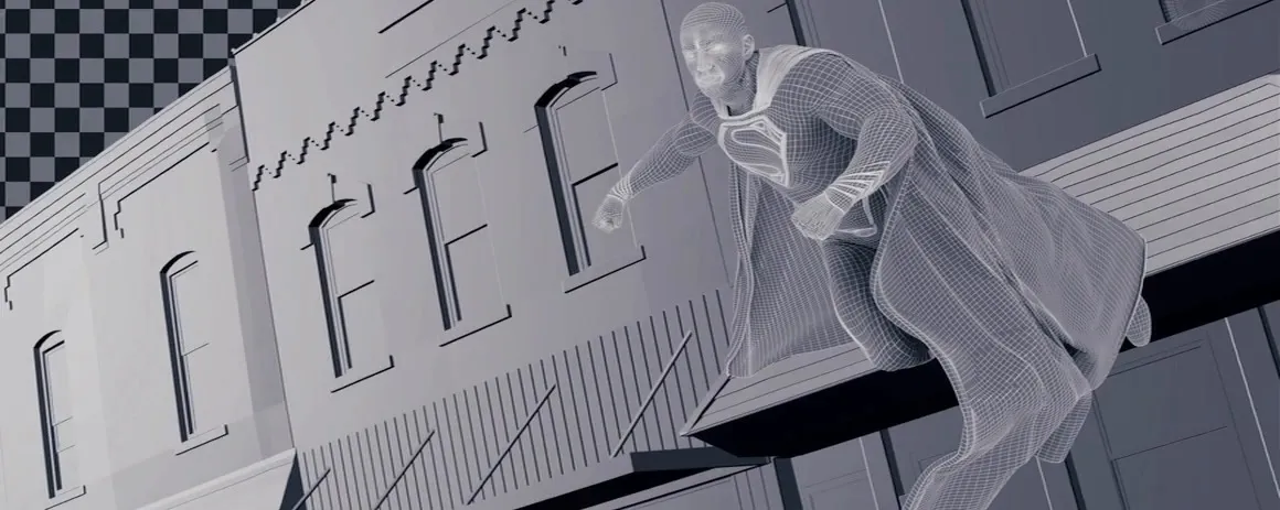 Untextured grey CG render of Superman and storefronts over a transparency checkerboard.